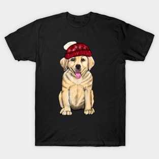 Labrador retriever- festive cute Golden Labrador retriever puppy dog in winter beanie hat T-Shirt